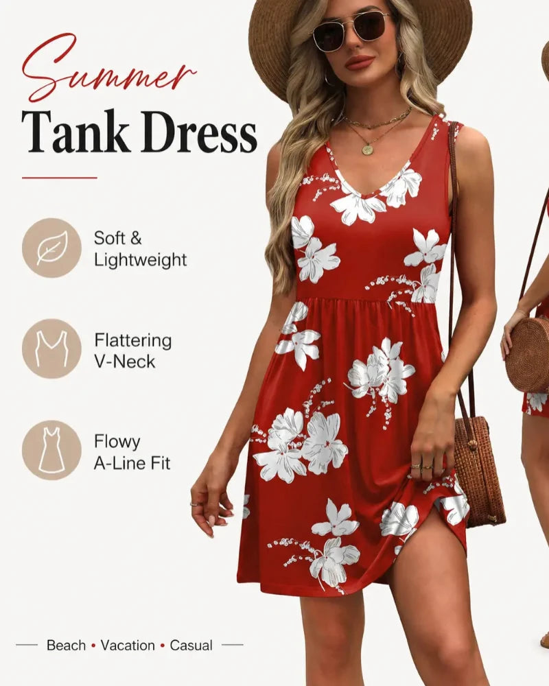 Summer V-Neck Tank Sundress with Pockets — Casual Beach Dress