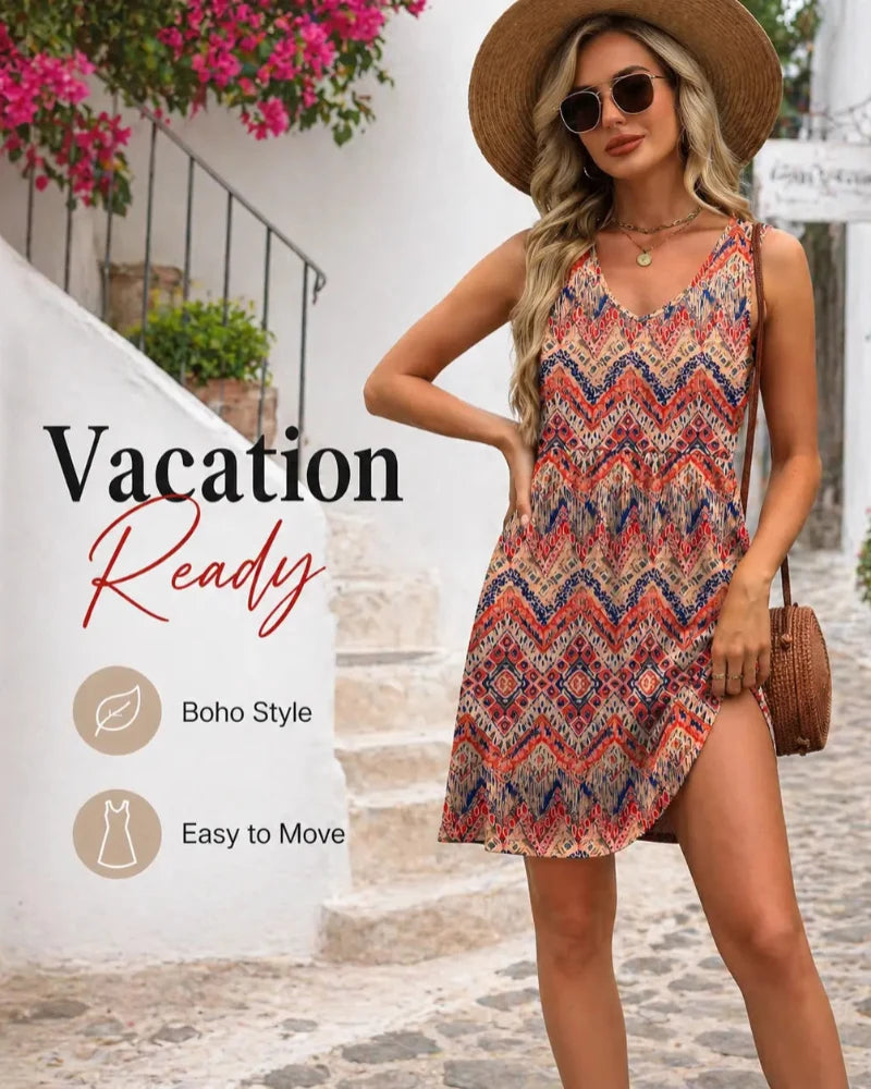 Summer V-Neck Tank Sundress with Pockets — Casual Beach Dress