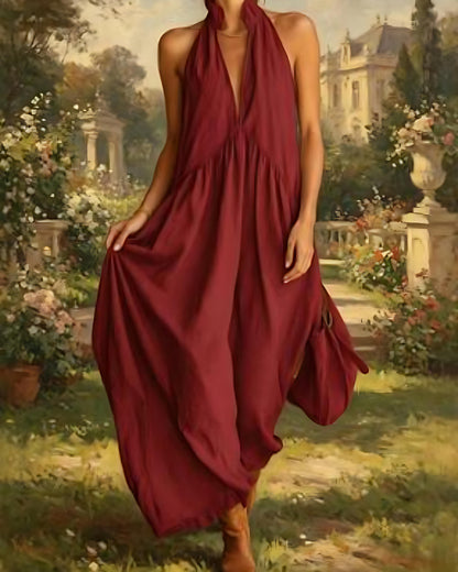 Halter Maxi Dress — Casual Loose Fit with Pockets