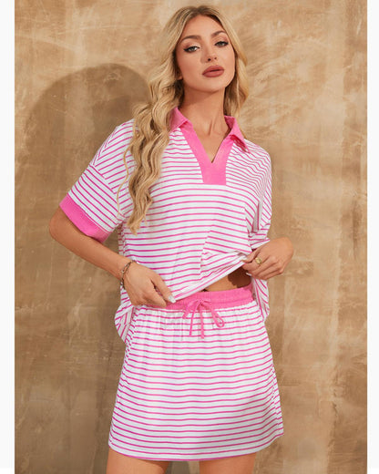 2-Piece V-Neck Polo Skort with Built-in Shorts