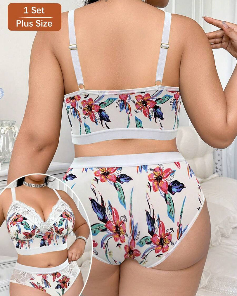 Wireless Plus Size Floral Lingerie Set, Soft & Cozy Fit