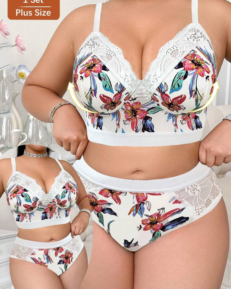 Wireless Plus Size Floral Lingerie Set, Soft & Cozy Fit
