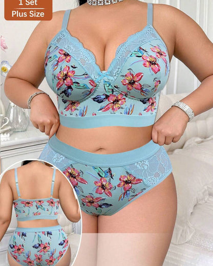 Wireless Plus Size Floral Lingerie Set, Soft & Cozy Fit