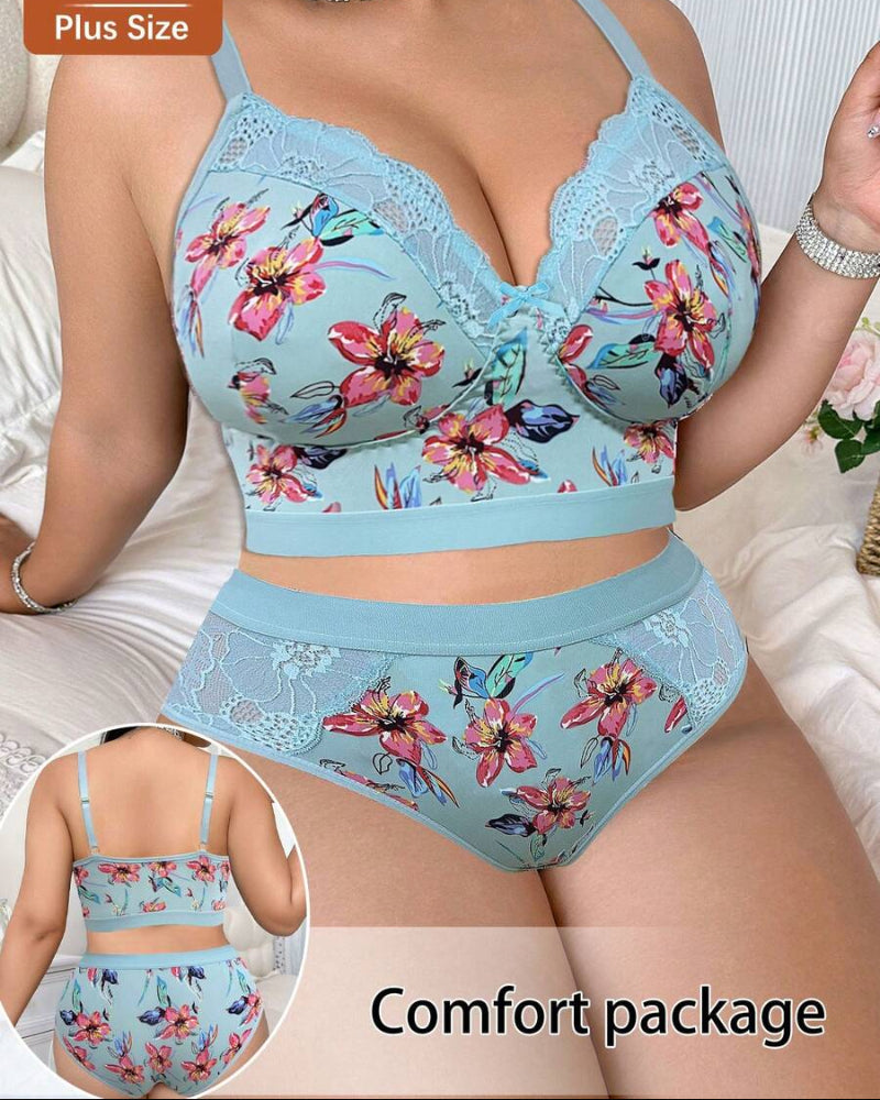 Wireless Plus Size Floral Lingerie Set, Soft & Cozy Fit