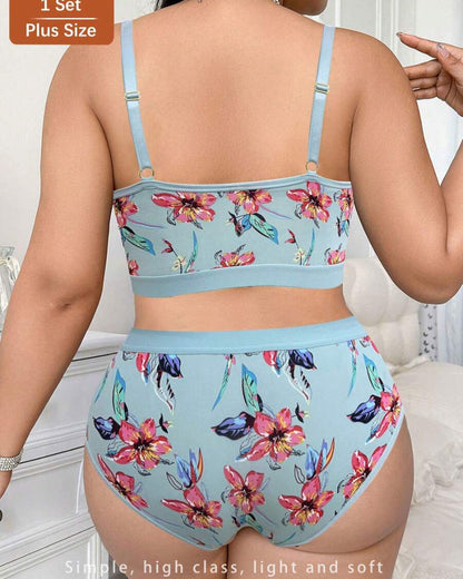 Wireless Plus Size Floral Lingerie Set, Soft & Cozy Fit
