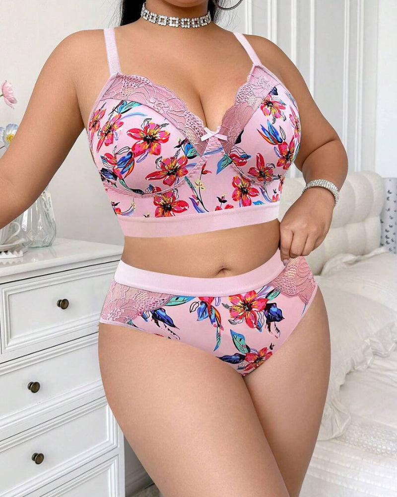Wireless Plus Size Floral Lingerie Set, Soft & Cozy Fit