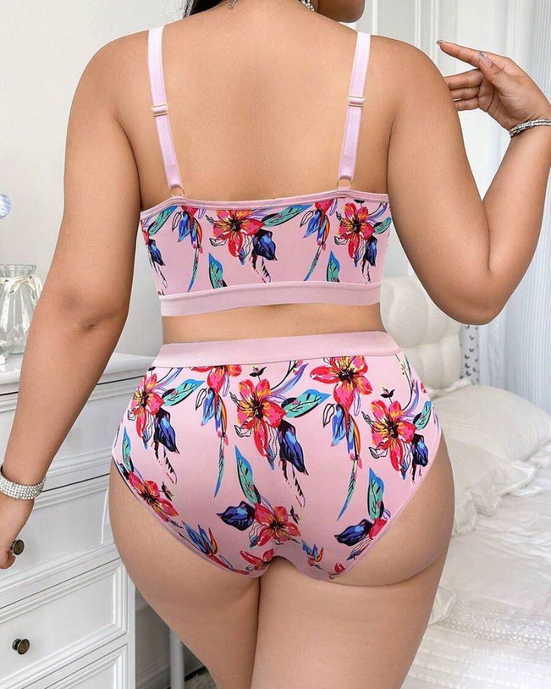 Wireless Plus Size Floral Lingerie Set, Soft & Cozy Fit