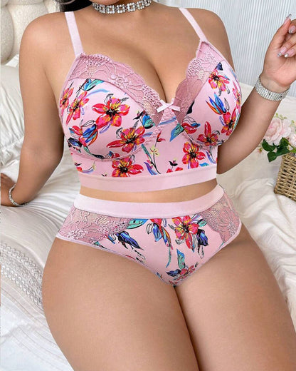 Wireless Plus Size Floral Lingerie Set, Soft & Cozy Fit