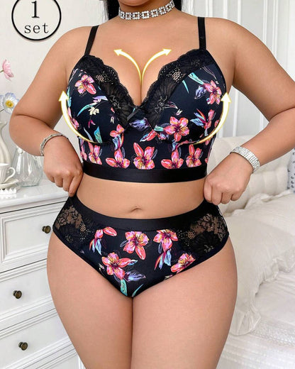 Wireless Plus Size Floral Lingerie Set, Soft & Cozy Fit
