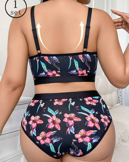 Wireless Plus Size Floral Lingerie Set, Soft & Cozy Fit