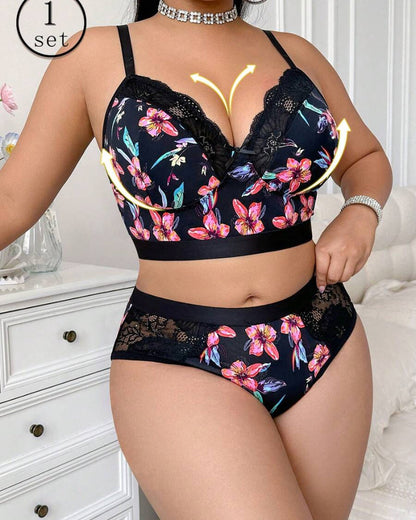 Wireless Plus Size Floral Lingerie Set, Soft & Cozy Fit