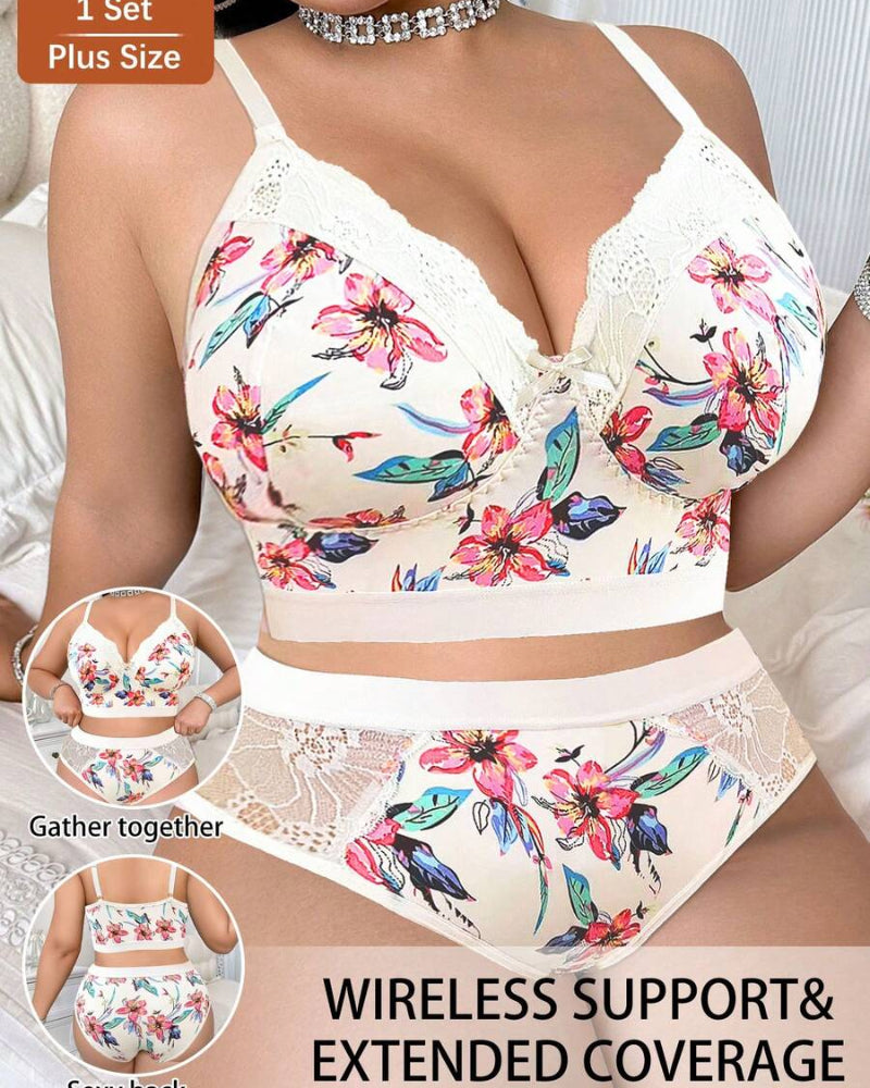 Wireless Plus Size Floral Lingerie Set, Soft & Cozy Fit