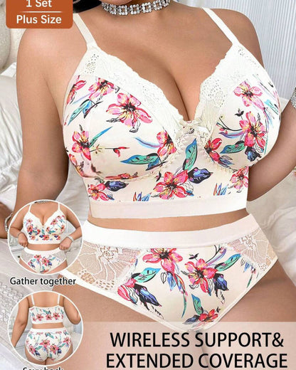 Wireless Plus Size Floral Lingerie Set, Soft & Cozy Fit