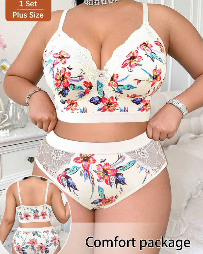 Wireless Plus Size Floral Lingerie Set, Soft & Cozy Fit