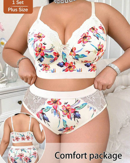 Wireless Plus Size Floral Lingerie Set, Soft & Cozy Fit