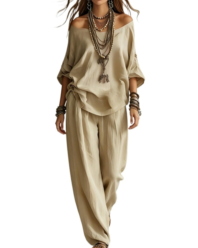 Summer Linen Set Relaxed Fit Top & Wide-Leg Pants Effortless Casual Wear
