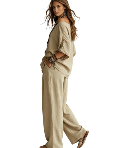 Summer Linen Set Relaxed Fit Top & Wide-Leg Pants Effortless Casual Wear