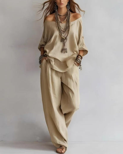 Summer Linen Set Relaxed Fit Top & Wide-Leg Pants Effortless Casual Wear