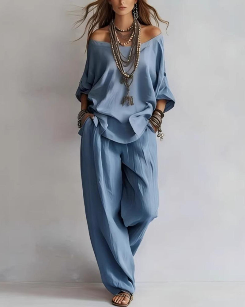 Summer Linen Set Relaxed Fit Top & Wide-Leg Pants Effortless Casual Wear