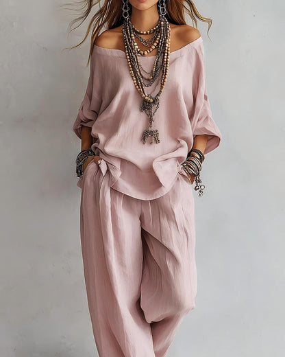 Summer Linen Set Relaxed Fit Top & Wide-Leg Pants Effortless Casual Wear