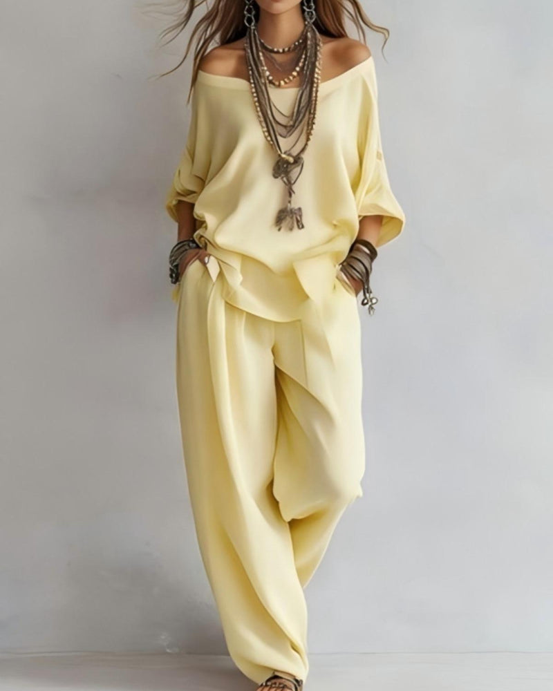 Summer Linen Set Relaxed Fit Top & Wide-Leg Pants Effortless Casual Wear