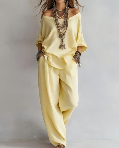 Summer Linen Set Relaxed Fit Top & Wide-Leg Pants Effortless Casual Wear