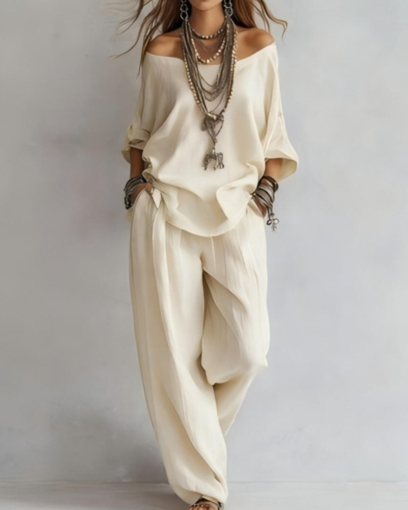 Summer Linen Set Relaxed Fit Top & Wide-Leg Pants Effortless Casual Wear