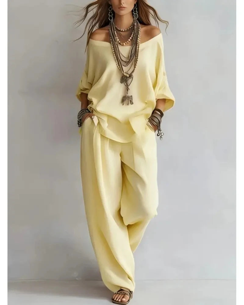 Summer Linen Set Relaxed Fit Top & Wide-Leg Pants Effortless Casual Wear