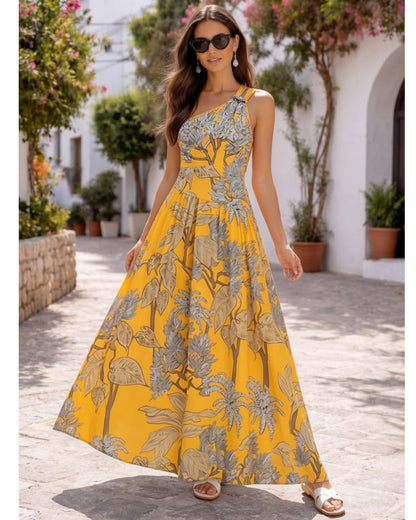 Women’s One-Shoulder Yellow Plant Print Swim Set with Cover Skirt