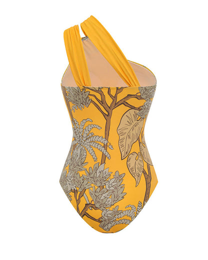 Women’s One-Shoulder Yellow Plant Print Swim Set with Cover Skirt