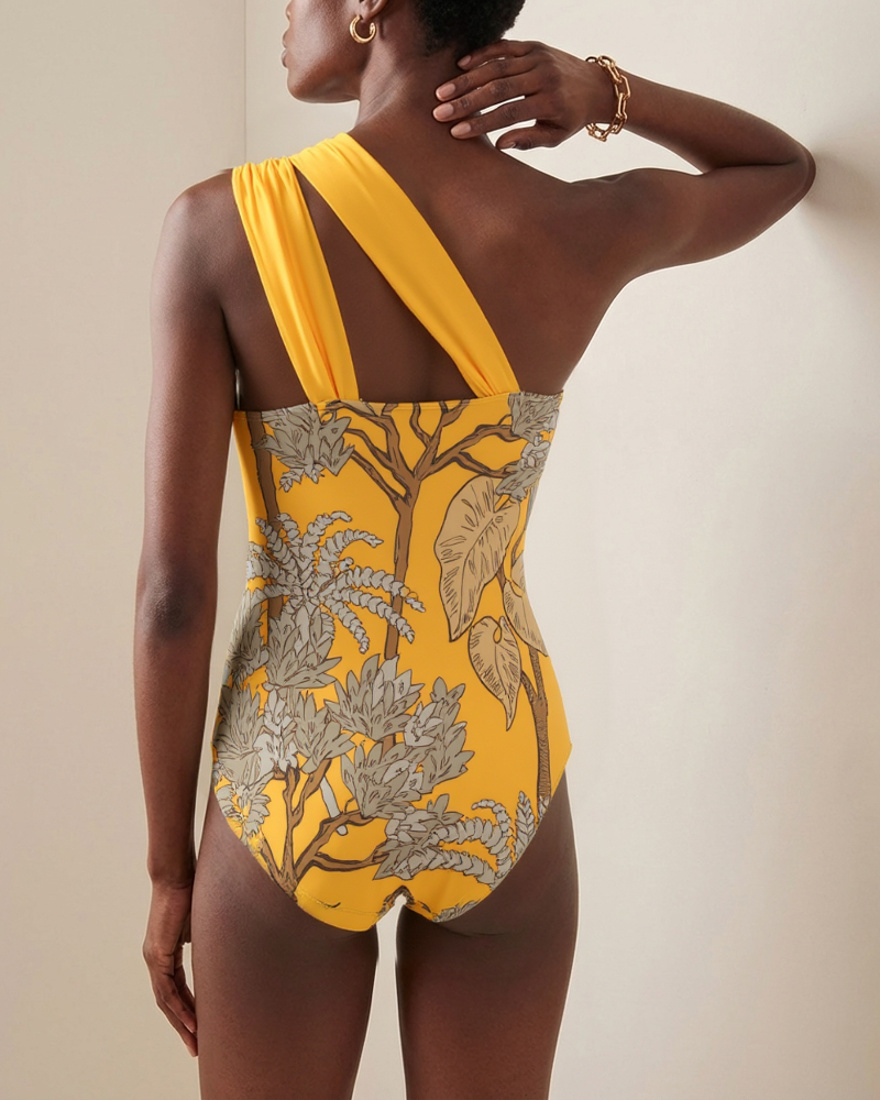 Women’s One-Shoulder Yellow Plant Print Swim Set with Cover Skirt