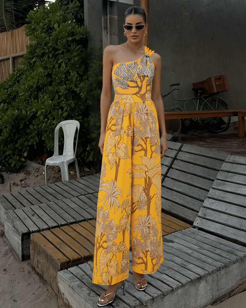 Women’s One-Shoulder Yellow Plant Print Swim Set with Cover Skirt