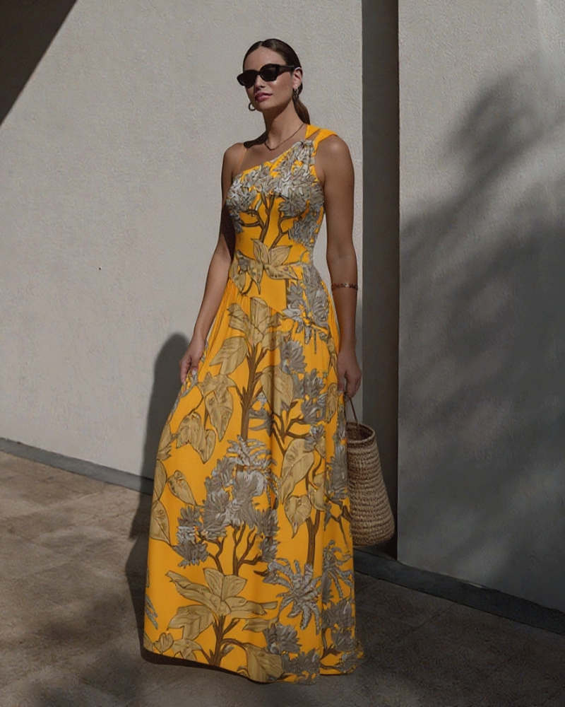 Women’s One-Shoulder Yellow Plant Print Swim Set with Cover Skirt