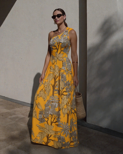 Women’s One-Shoulder Yellow Plant Print Swim Set with Cover Skirt