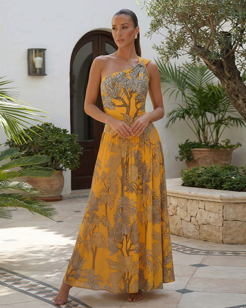 Women’s One-Shoulder Yellow Plant Print Swim Set with Cover Skirt