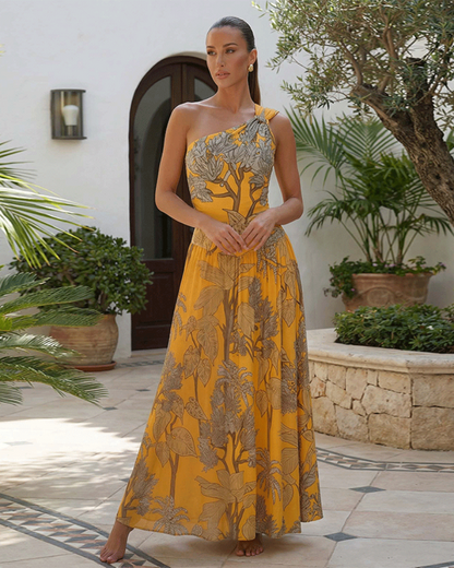 Women’s One-Shoulder Yellow Plant Print Swim Set with Cover Skirt