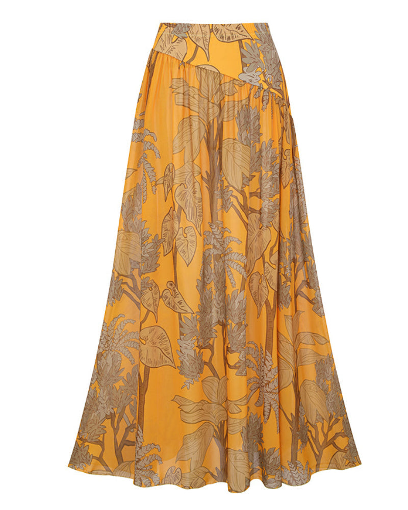 Women’s One-Shoulder Yellow Plant Print Swim Set with Cover Skirt