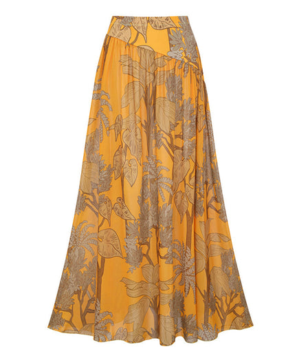 Women’s One-Shoulder Yellow Plant Print Swim Set with Cover Skirt