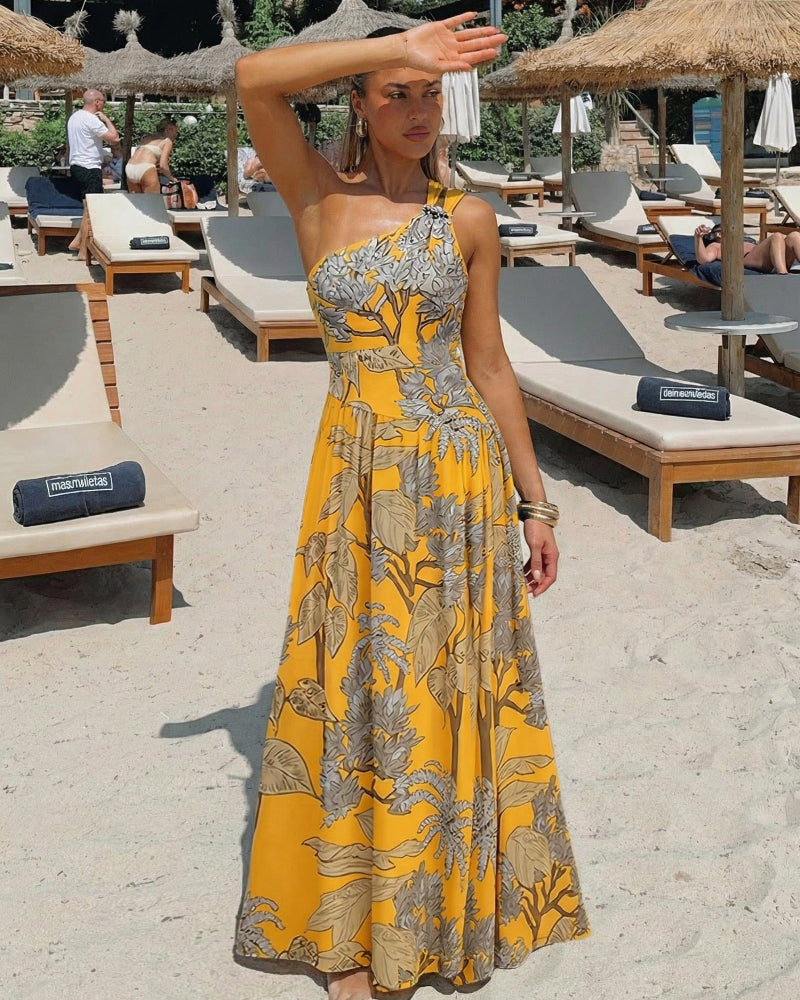 Women’s One-Shoulder Yellow Plant Print Swim Set with Cover Skirt