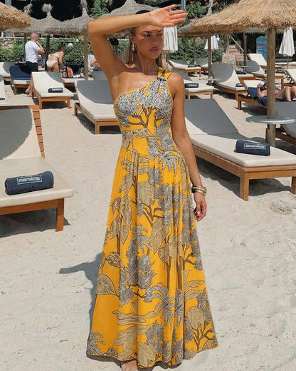 Women’s One-Shoulder Yellow Plant Print Swim Set with Cover Skirt