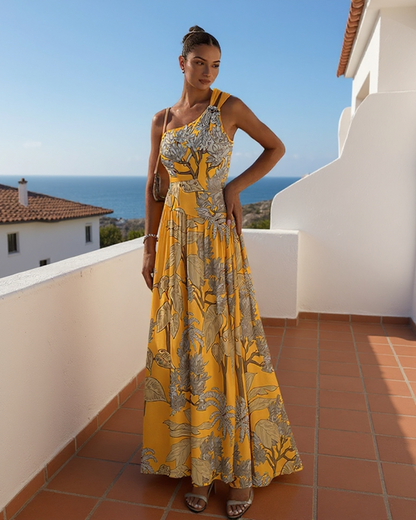 Women’s One-Shoulder Yellow Plant Print Swim Set with Cover Skirt