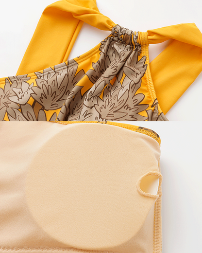Women’s One-Shoulder Yellow Plant Print Swim Set with Cover Skirt