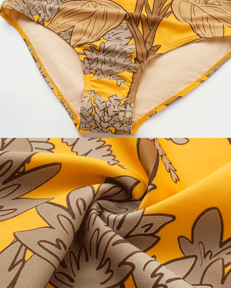 Women’s One-Shoulder Yellow Plant Print Swim Set with Cover Skirt