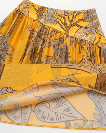 Women’s One-Shoulder Yellow Plant Print Swim Set with Cover Skirt