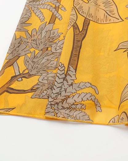 Women’s One-Shoulder Yellow Plant Print Swim Set with Cover Skirt