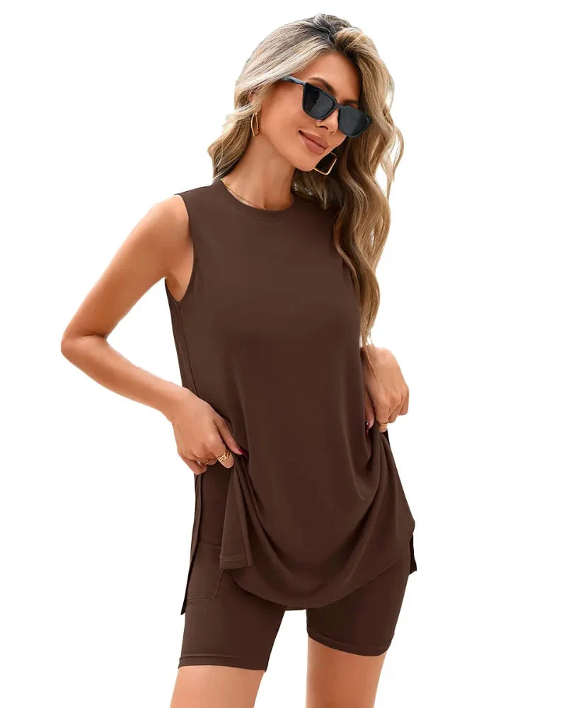 Women’s Sleeveless 2-Piece Summer Lounge Set – Split-Hem Shorts
