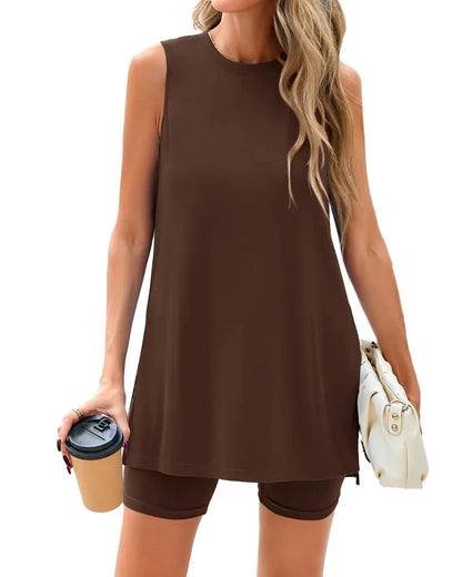 Women’s Sleeveless 2-Piece Summer Lounge Set – Split-Hem Shorts