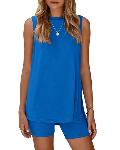 Women’s Sleeveless 2-Piece Summer Lounge Set – Split-Hem Shorts