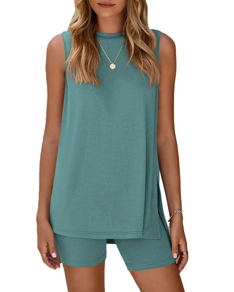 Women’s Sleeveless 2-Piece Summer Lounge Set – Split-Hem Shorts