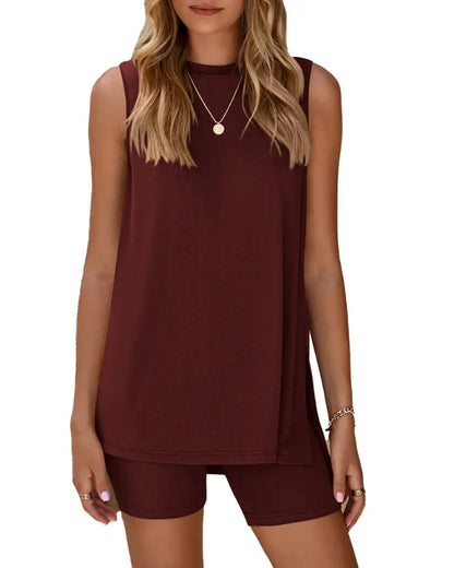 Women’s Sleeveless 2-Piece Summer Lounge Set – Split-Hem Shorts